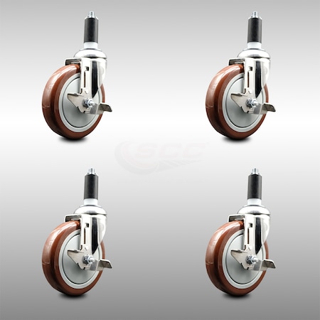 Service Caster 5 Inch 316SS Maroon Poly Swivel 1-1/4 Inch Expanding Stem Caster Set Brake SCC SCC-SS316EX20S514-PPUB-MRN-TLB-114-4
